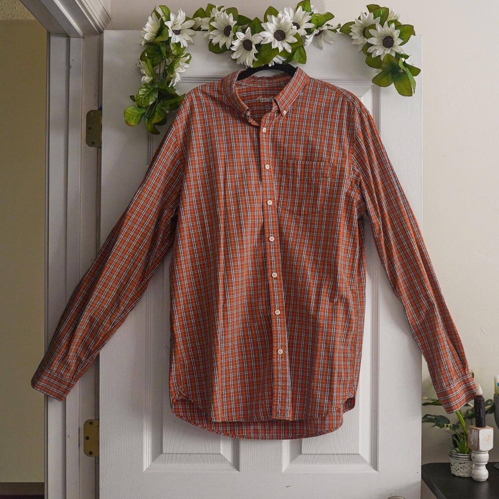 Eddie Bauer Plaid Button Up Long Sleeve Legend Wash Orange Mens L Tall